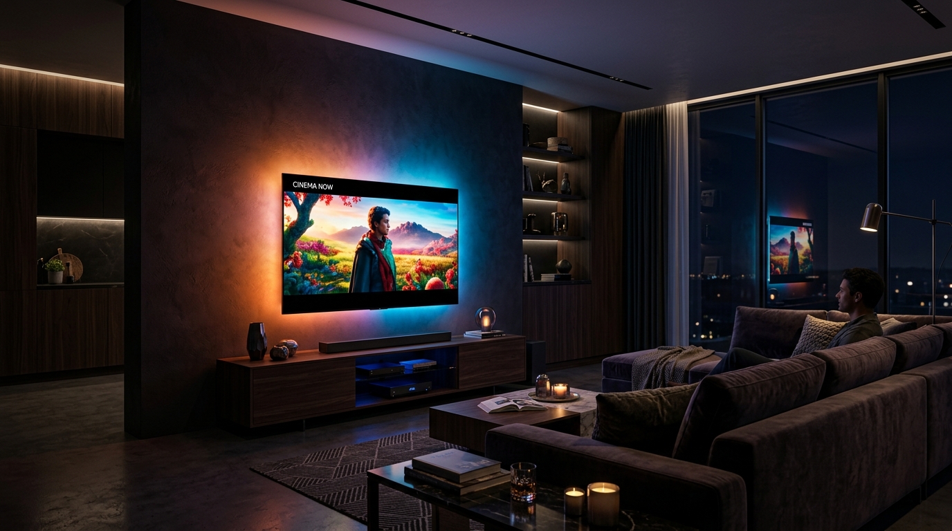 Auralux Ambilight System en sala de estar oscura de 75 pulgadas