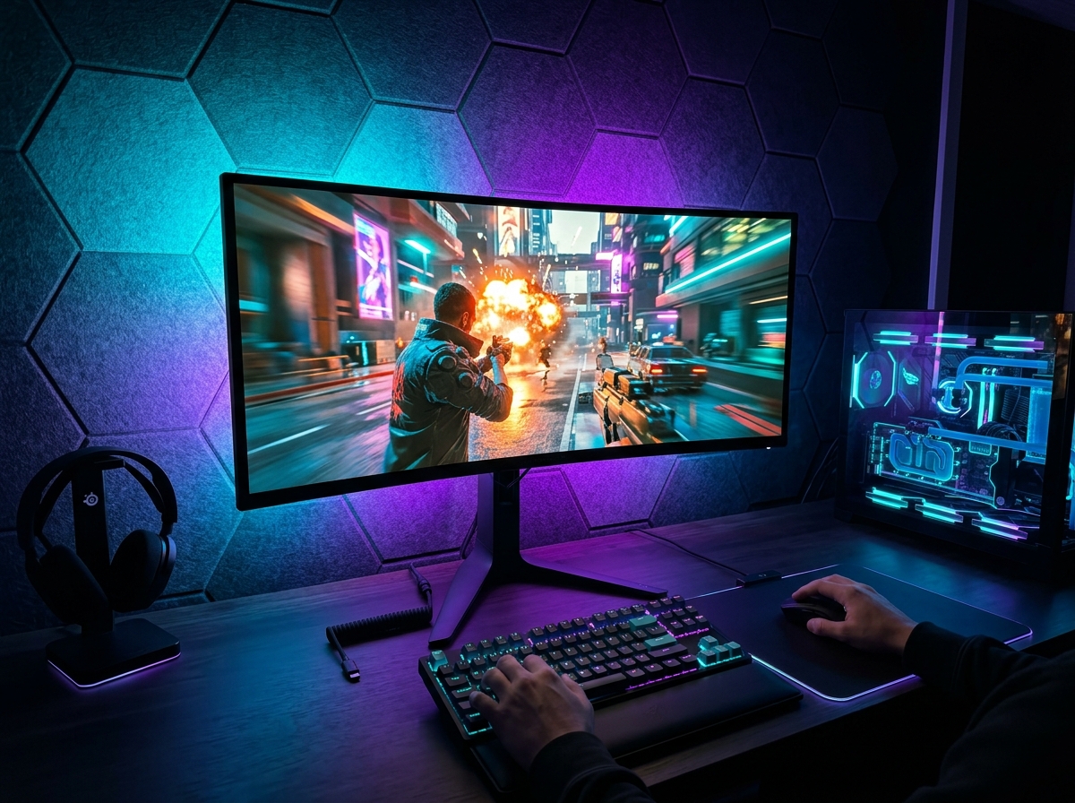 Ambilight en monitor curvo gaming con sincronización de baja latencia